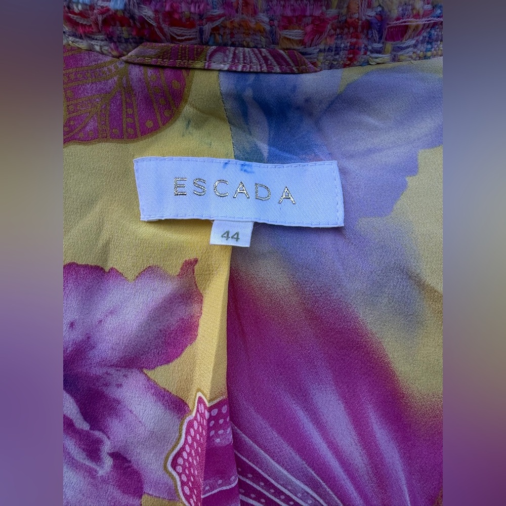 Escada tweed blazer jacket pastels silk floral lining Sz 44 L pinks yellows - Picture 8 of 13